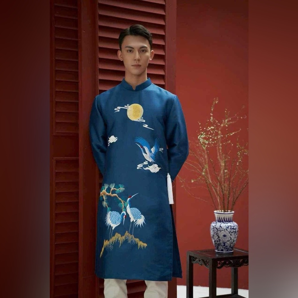 ao dai cach tan nam, Vietnamese men’s modern contemporary top theu s-5xl blue